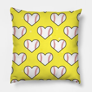 Baseball Ball Texture In Heart Shape - Seamless Pattern on Yellow Background Pillow