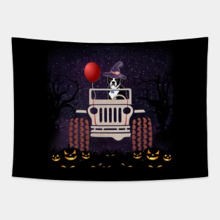 JP Scared Boston Terrier in The Car Halloween Tapestry