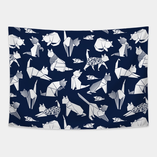 Origami kitten friends // pattern // blue navy background paper cats Tapestry by SelmaCardoso