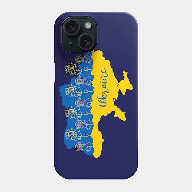 Map of Ukraine decorated with sunflower in Ukrainian flag colors and lettering Phone Case by Cute-Design