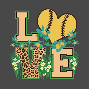 Love Softball Heart Leopard Floral Fastpitch Mom T-Shirt