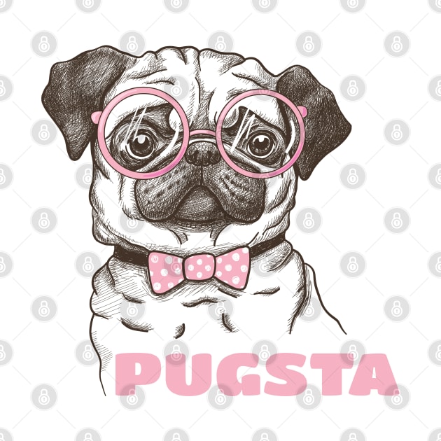 Pugsta - Hipster Pug Girl Puppy Dog Bow Tie & Glasses by PozureTees108