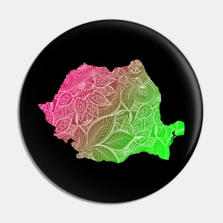 Colorful mandala art map of Romania with text in pink and green Pin