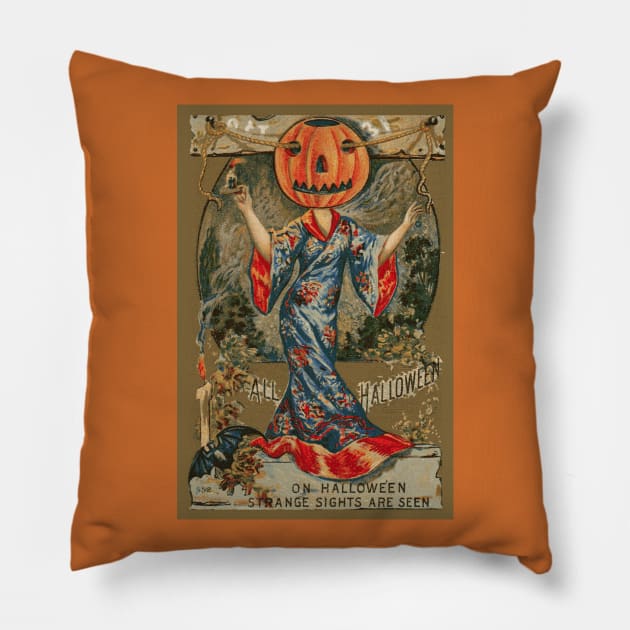 Vintage Look for Halloween - Exotic Lady with a Pumpkin Head Pillow by numpdog