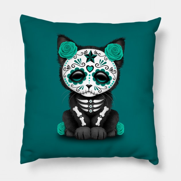 Cute Teal Blue Day of the Dead Kitten Cat Pillow by jeffbartels