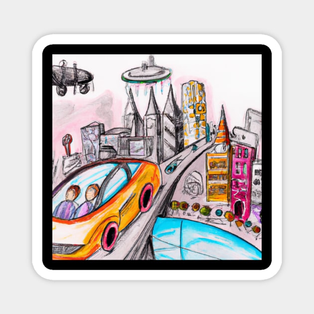 Futuristic City Pencil Drawing Magnet by retroprints