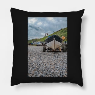 Front end view of fishing boat on the beach Pillow