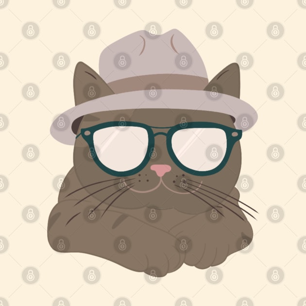 Chic Tabby: Minimalist Cat Art with Grey Hat & Sunglasses by ShutterStudios