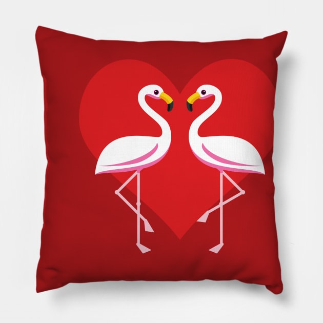 Cute White Pink Flamingos with Red Heart Pillow by BirdAtWork