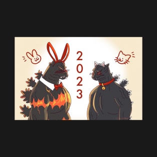 bunny (burning) and year of the cat godzilla T-Shirt