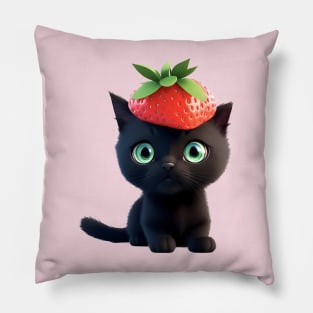 Cute black kitten with strawberry hat Pillow