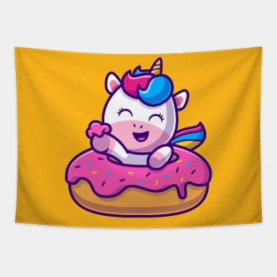 Cute Unicorn Eating Doughnut Cartoon Tapestry