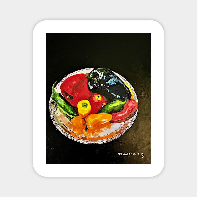 Assorted Peppers on a Silver Platter Magnet by gjspring