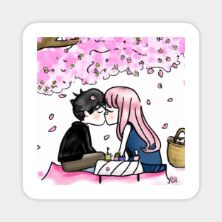 Cute Anime Couple Kissing Under Cherry Blossoms Magnet