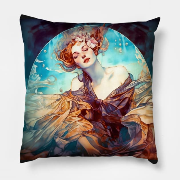 Of Silks and Water - Vintage, Mucha, Gilded Age, Art Nouveau Pillow by AllRealities