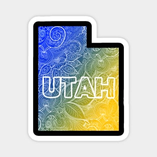 Colorful mandala art map of Utah with text in blue and yellow Magnet