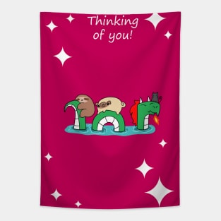 "Thinking of You" Dragon Sloth and Pug Tapestry