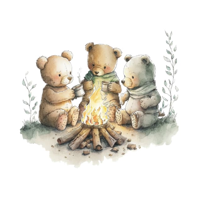 Teddy Bears Camping Watercolor by peachycrossing