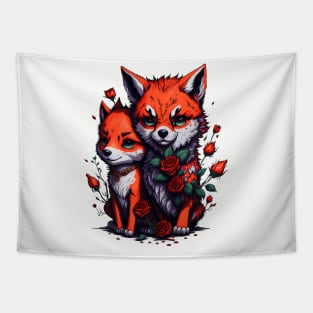 Artistic foxes in roses design Tapestry