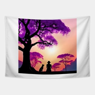 Young Woman and Best Pal Dog Under Jacaranda Tree Tapestry