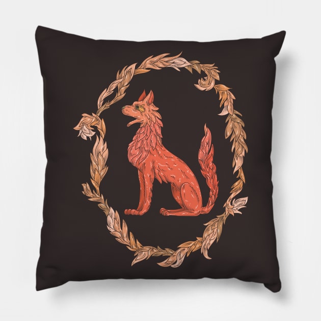 Red fire wolf in a floral wreath Pillow by PinataFoundry