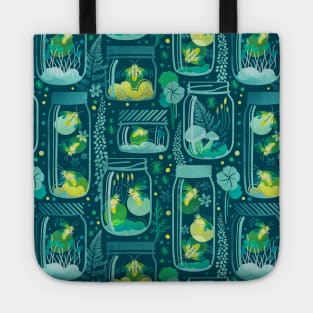 Glowing in the moss // pattern // teal background jars with lightning fireflies bugs quirky whimsical and bioluminescence lampyridae beetles Tote