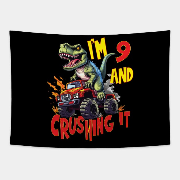 I'm 9 and Crushing It 9yr 8th Eight Three Birthday Monster Truck T-Rex Dinosaur Boy Girl 8 Years Old Tapestry by Envision Styles