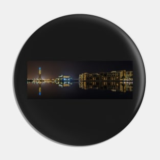 Panoramic City Lights and Water Reflections Pin