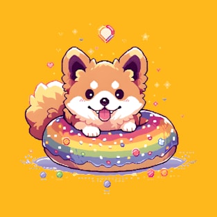 Pride Month Kawaii Corgi with Donut Pixel Art T-Shirt