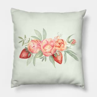 Strawberry and peony watercolor flowers Pillow