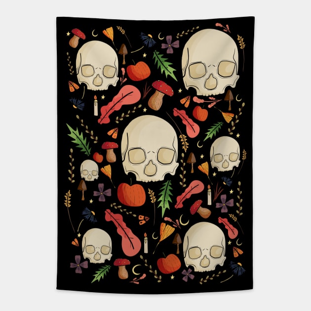 Skulls, leaves and mushrooms Tapestry by Swadeillustrations