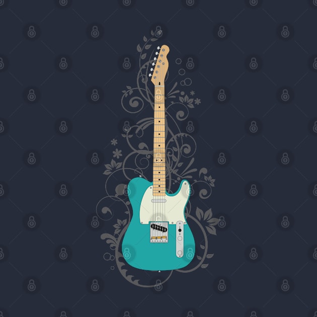 Teal T-Style Electric Guitar Flowering Vines by nightsworthy