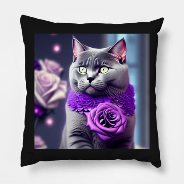 British Shorthair Enjoys Purple Roses Pillow by Enchanted Reverie