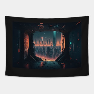 Abstract Cyberpunk City View from Inside Tapestry