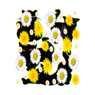 Black Cat green and yellow silhouette on top of wildflowers feelings pattern black cats  among dandelions And daisies floral bright flowers of spring and summer T-Shirt