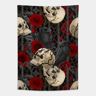 Raven's secret. Dark and moody gothic illustration with human skulls and roses Tapestry