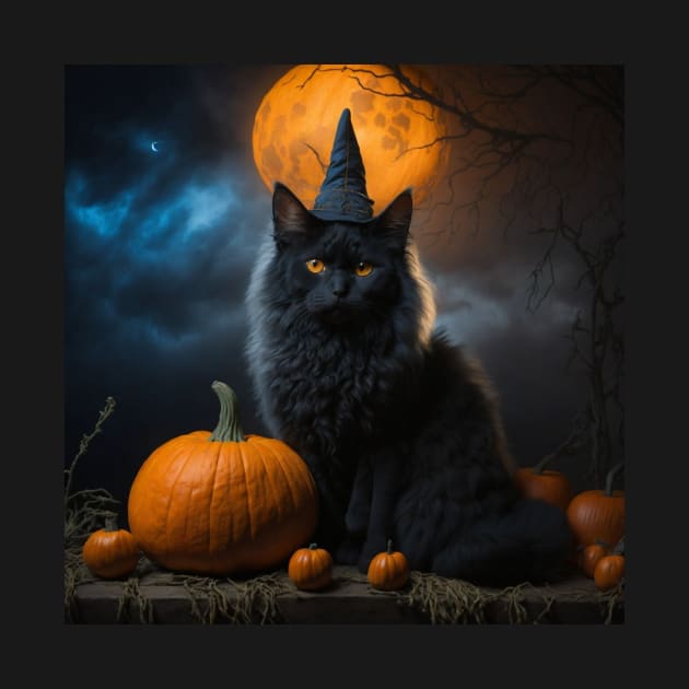 A sleek black witch cat on Halloween night by Love of animals