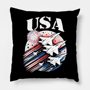 Patriotic 4th of July USA Flag Fighter Jets Planes Fireworks Pillow