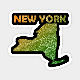 Colorful mandala art map of New York with text in green and orange Magnet
