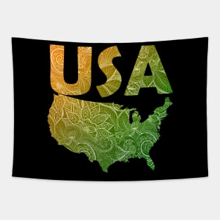 Colorful mandala art map of the United States of America with text in green and orange Tapestry