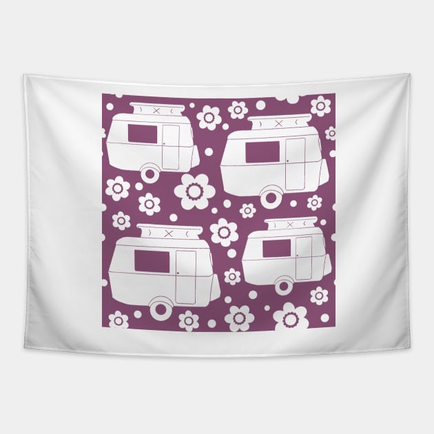 Daisy Polka Dot Vintage Caravan Pattern in Purple and White Tapestry by NattyDesigns