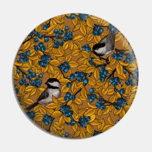 Chickadee birds on blueberry branches in yellow and mustard Pin