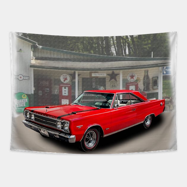 1967  GTX in our filling station series on front and back Tapestry by Permages LLC