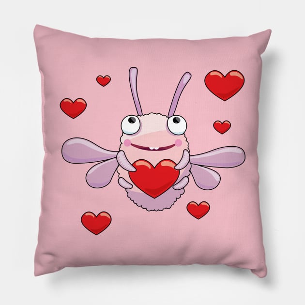 Lovely little pink moth with a big red heart Pillow by Anna Gaich