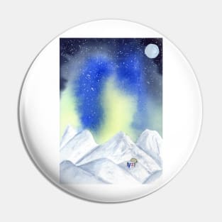 Camping in the Mountains with Northern Lights Watercolor Art Pin