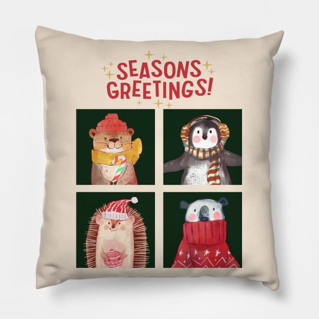 Seasons Greetings Tis The Season To Be Jolly Cute Christmas animals Pillow by BoogieCreates