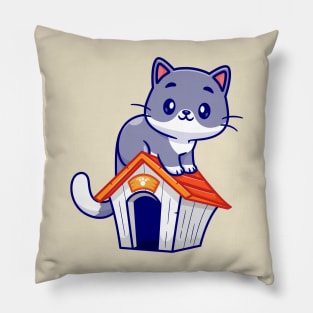 Cute Cat Sitting On Cat Cage Cartoon Pillow