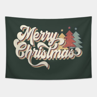 Retro Vintage 70s Merry Christmas Trees Typography Tapestry