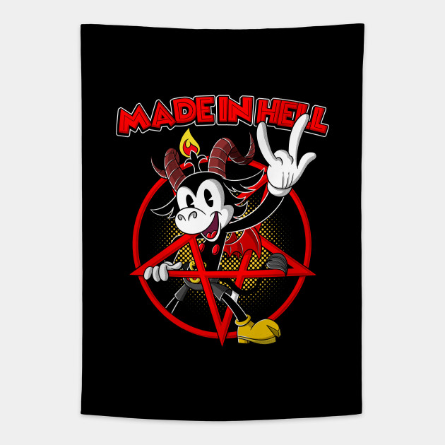 Blackcraft Baphomet retro Cartoon Devil horns 666 Made in Hell Baphomet Goat Tapestry TeePublic
