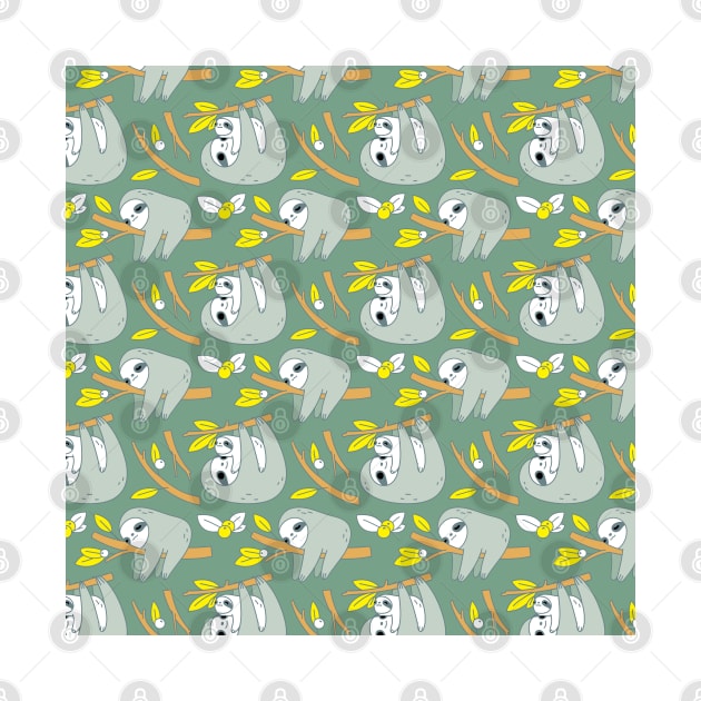 Mom and Baby Sloth Pattern in Green by Noristudio